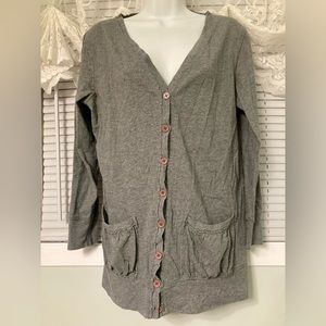 Gray Cotton Long Button Down V Neck Cardigan